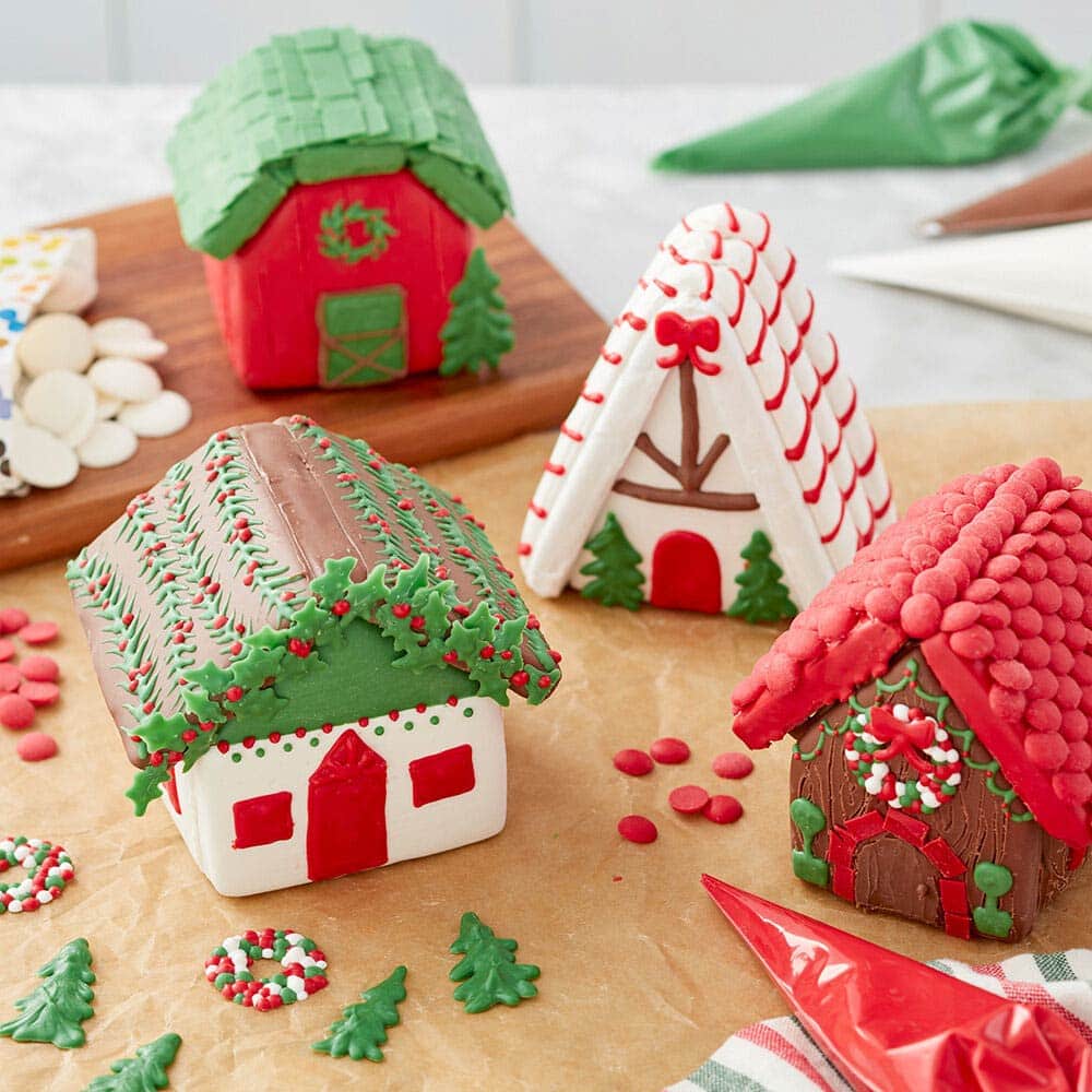 Candy-Melts-Mini-Village Mini village gingerbread houses decorated with red, green, white and light cocoa melted candy