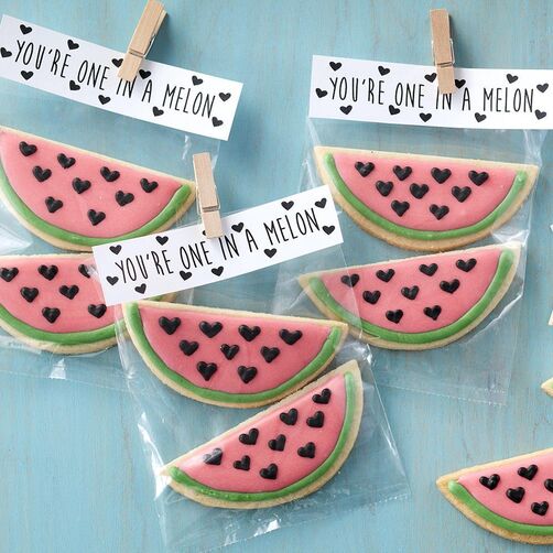 Watermelon-Cookies Sliced watermelon Valentine's Day cookies with heart-shaped seeds