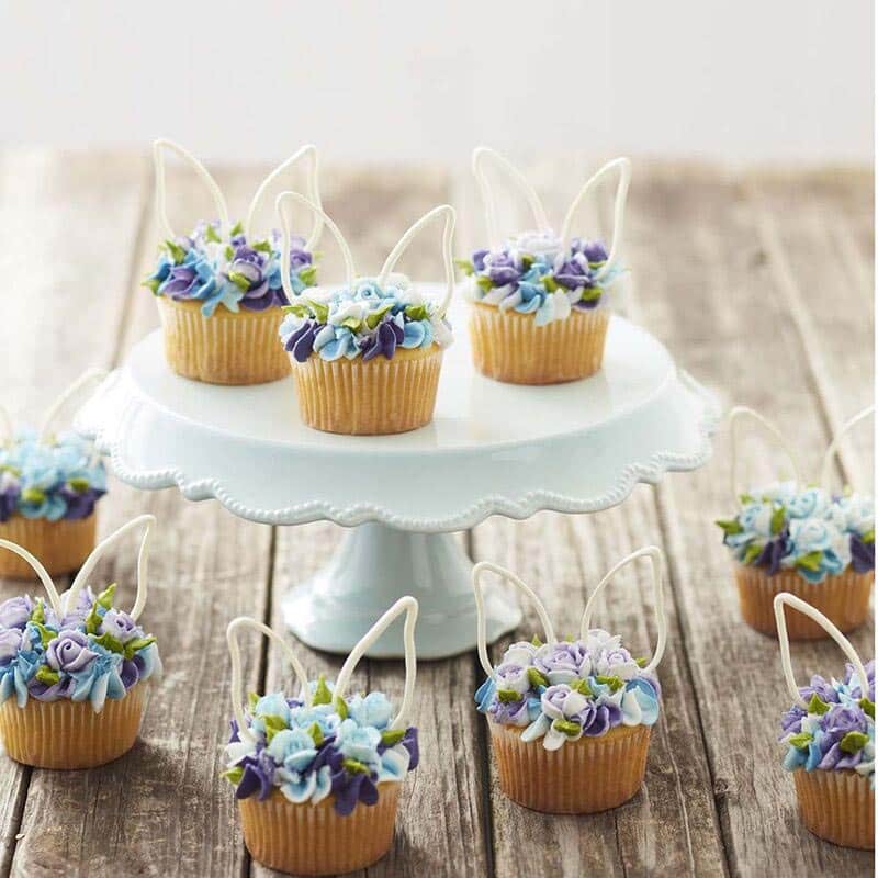 Blooming-Bunny-Ear-Cupcakes-1 Blue floral cupcakes topped with white Candy Melt bunny ears - Easter dessert ideas