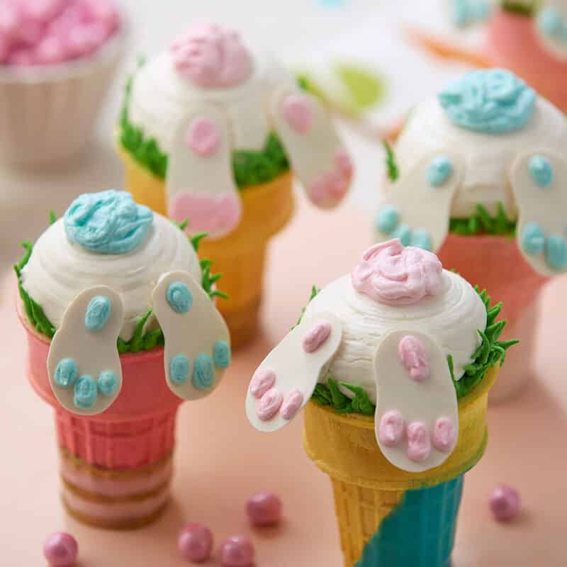 ice cream cones topped with bunny butts and feet