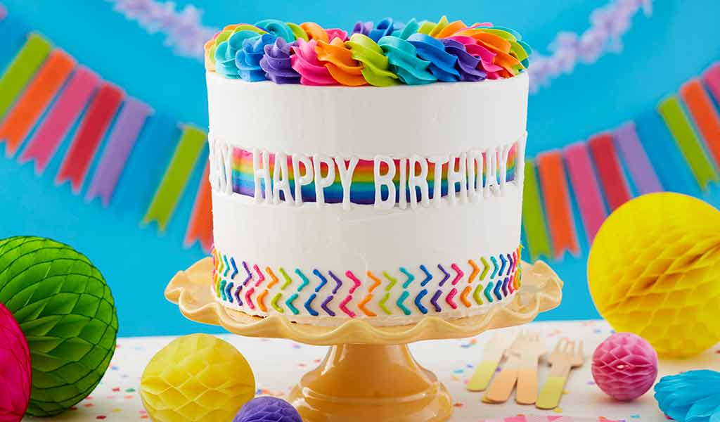 HappyBirthdayRainbowCake_37900-04 vanilla cupcakes with floral blooms piped with specialty tips