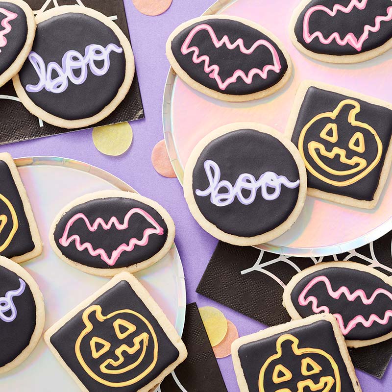 Neon royal icing decorated Halloween cookies