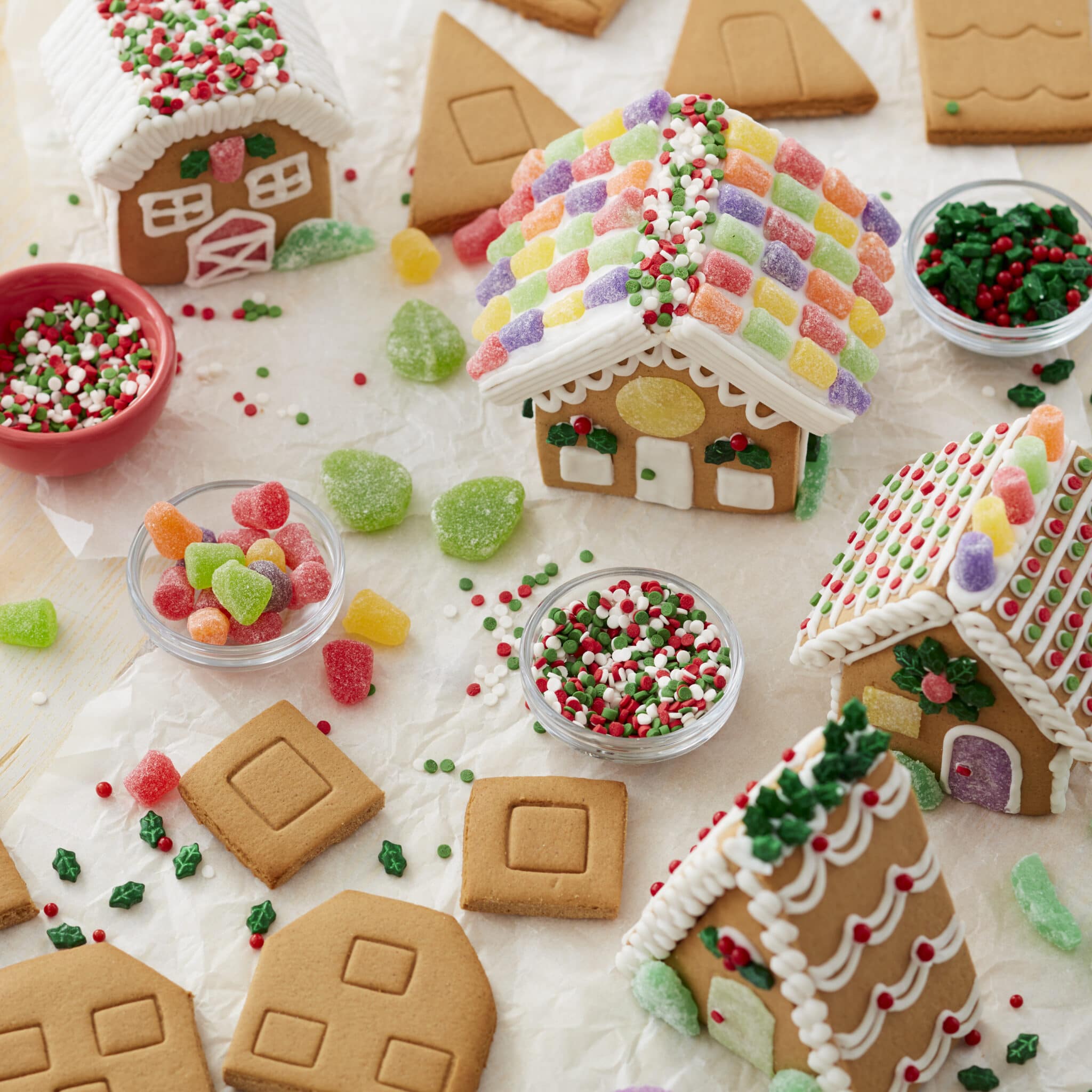 Unfinished and finished gingerbread houses