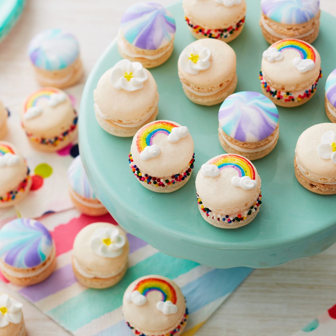 rainbow-macarons French macarons with chocolate ganache filling