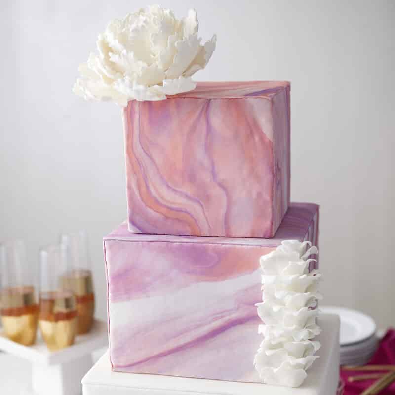 fondant-wedding-cake purple marbled fondant covered wedding cake