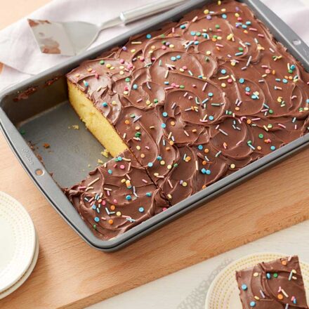 yellow cake with chocolate frosting